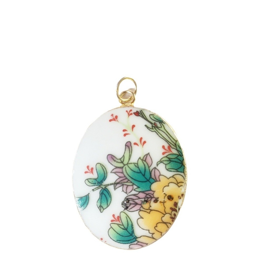 Yellow Peony Floral Pendant Vintage Transferware China Pottery Shard Jewelry